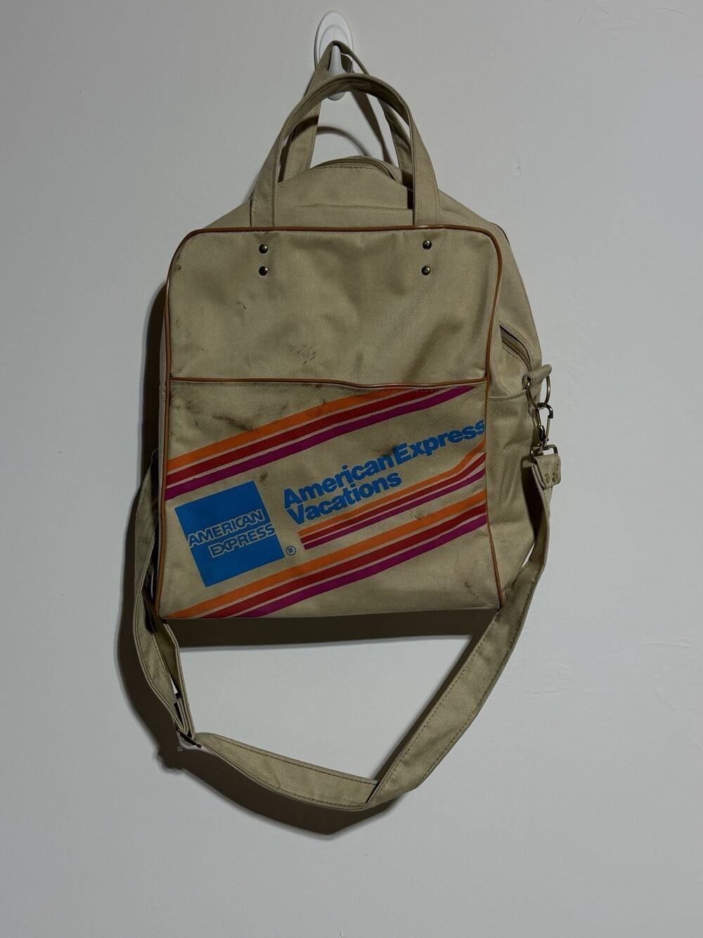 American Express Vacations Bag Messenger Carry On Tote Beige Canvas Vtg 1980s